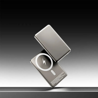 Gun grey magnetic wireless power bank with ultra-thin 9mm alloy design showing dimensions