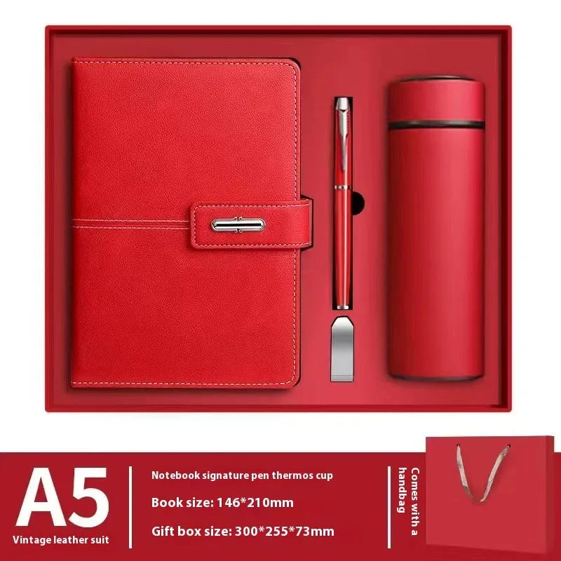 A5 notebook with imitation leather cover in colour options including black, red, green, blue, and orange.
