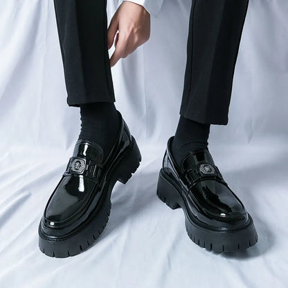 Men's black glossy platform loafers with hidden heel for summer casual wear