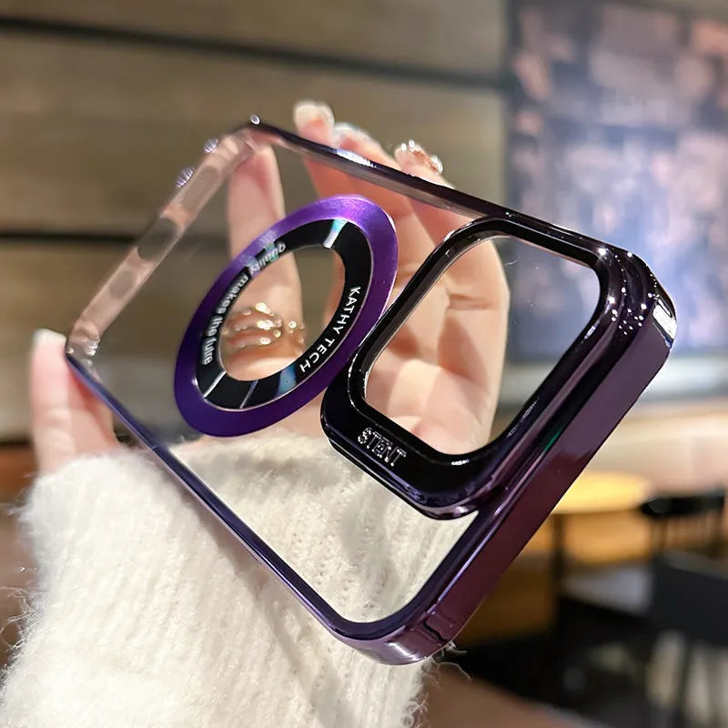 Electroplated magnetic phone case for iPhone models in dark purple, blue, black and silver colour options