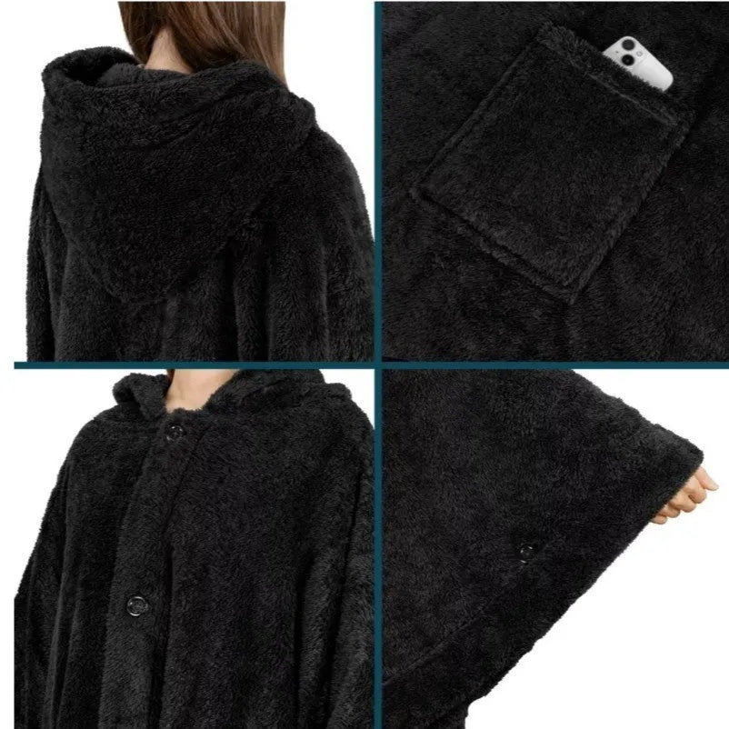 Thickened hooded cloak bathrobe in polyester, shown in black, dark grey, and pink colour options.