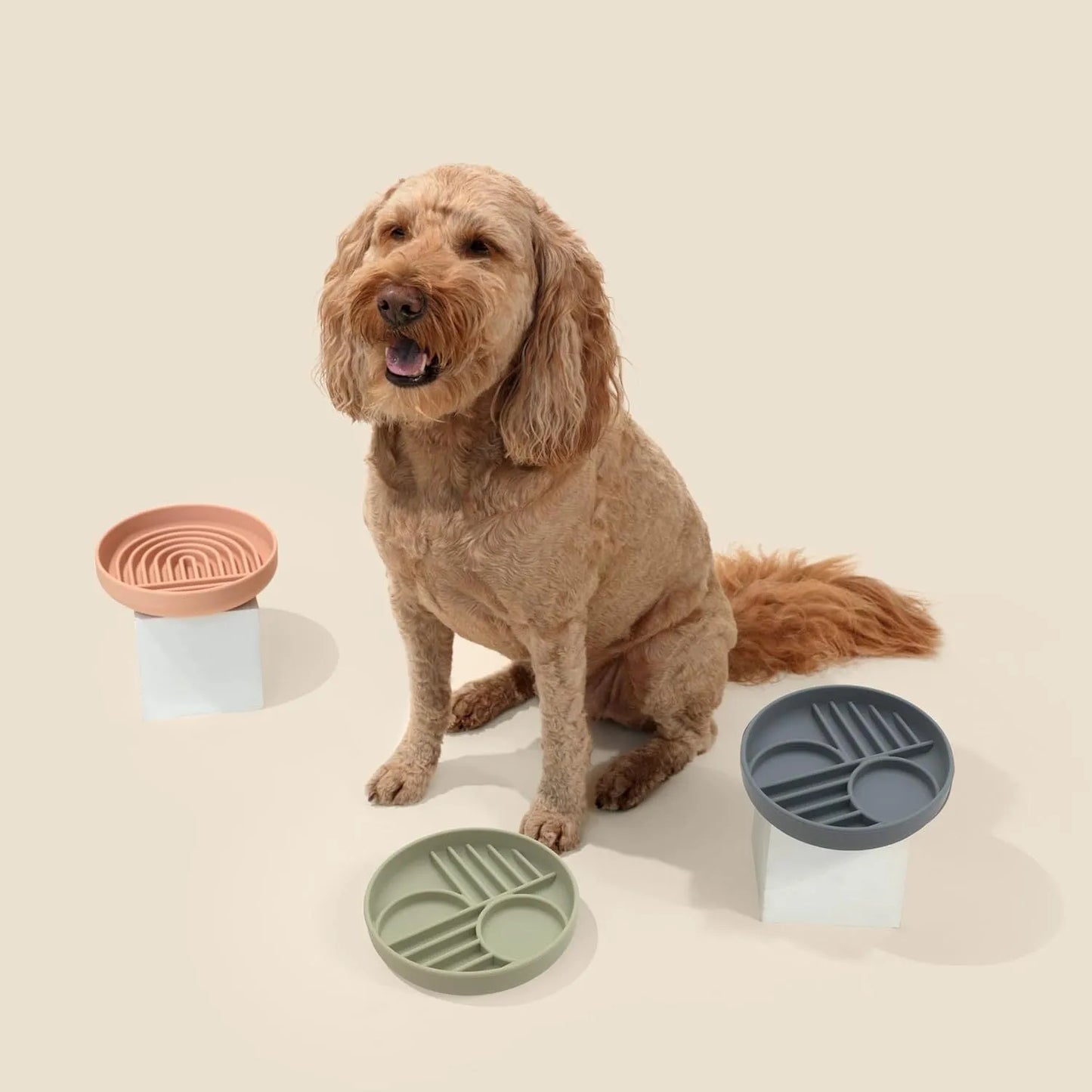Silicone slow feeder bowl for dogs with lick mat design in beige, charcoal ash, grey blue, mango yellow, mustard green, or red