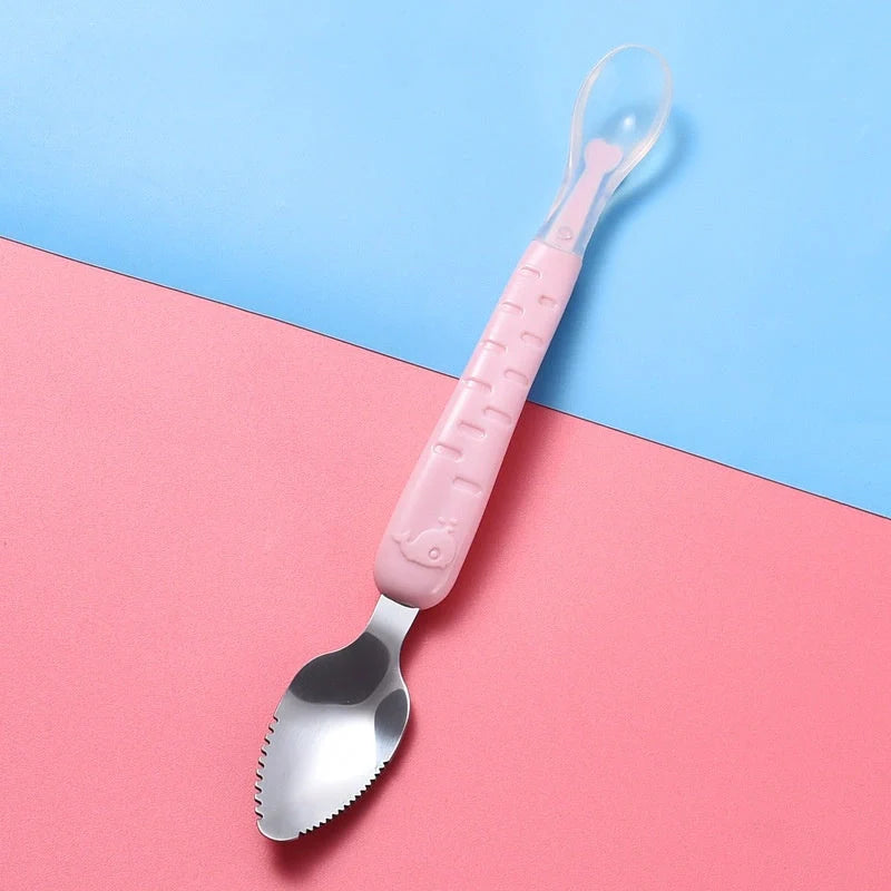 Stainless steel dual-headed baby food spoon in various colours for easy feeding
