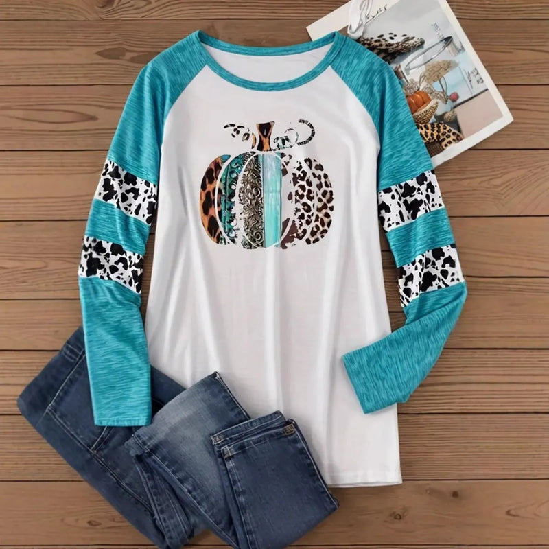 Halloween pumpkin 3D digital printed casual white t-shirt in sky blue with long sleeves, polyester fabric, regular fit, Japanese and Korean street style, S to 2XL Asian sizing.
