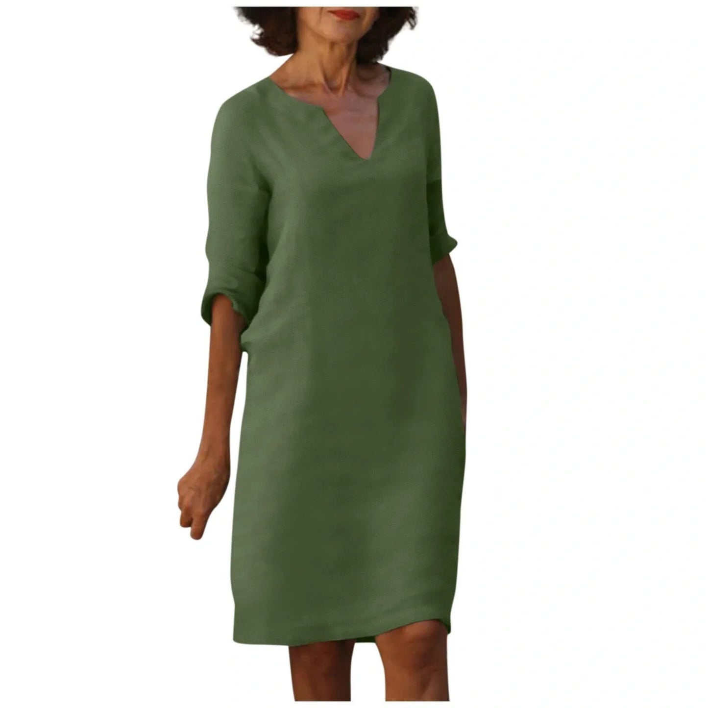 Retro cotton and linen V-neck dress with high waist and summer stitching in various colours