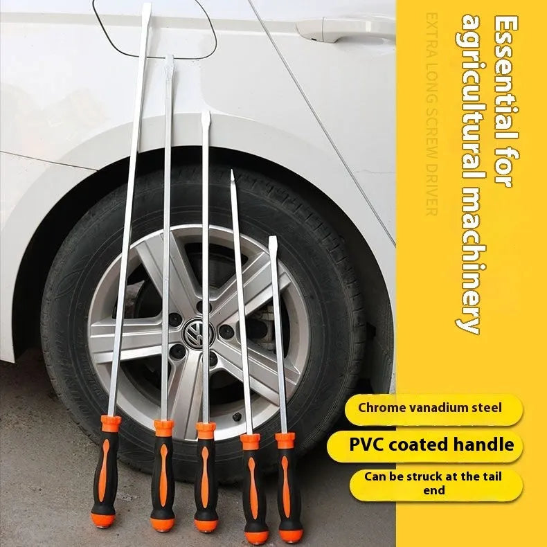 Lengthened screwdriver with carbon steel cutter head and plastic handle, available in 17 to 33 inch lengths