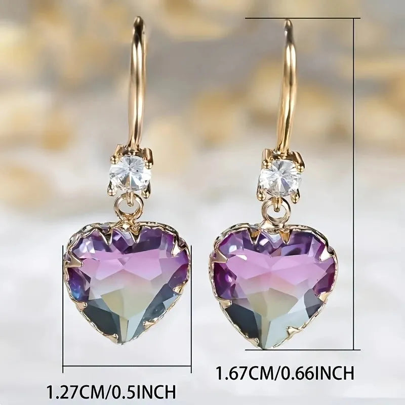 Coloured glass crystal heart-shaped earrings for women in blue, yellow, purple, and red styles.