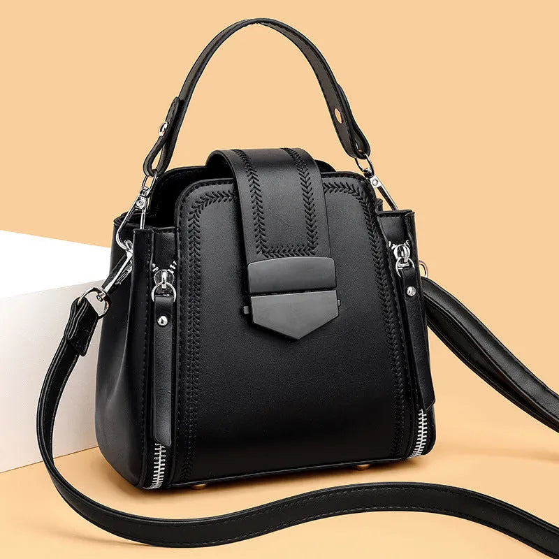 Small square vertical handbag in soft leather texture PU material with sewing thread detail