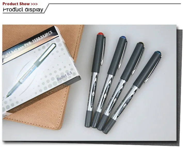 Pack of 12 water-based quick-drying signature pens with 0.5mm tips in assorted ink colours.
