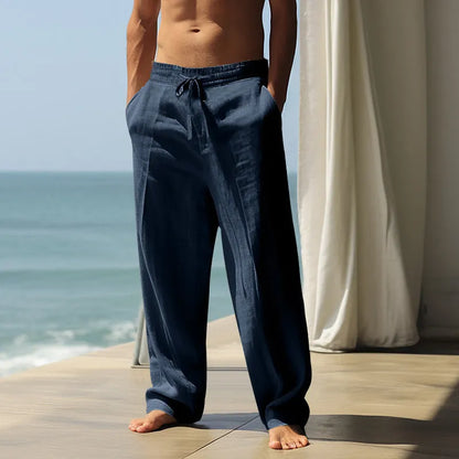 Men's loose-fit casual cotton trousers in khaki colour with an elastic waistband.