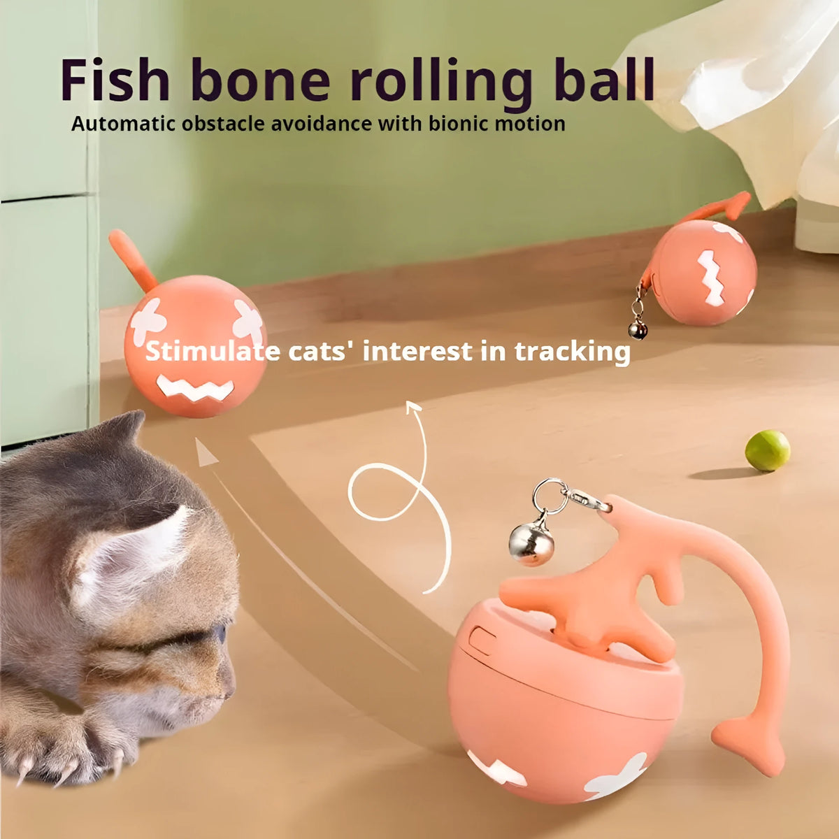 Blue USB rechargeable electric cat teasing ball with fish bone attachments and a separate feather teasing stick.