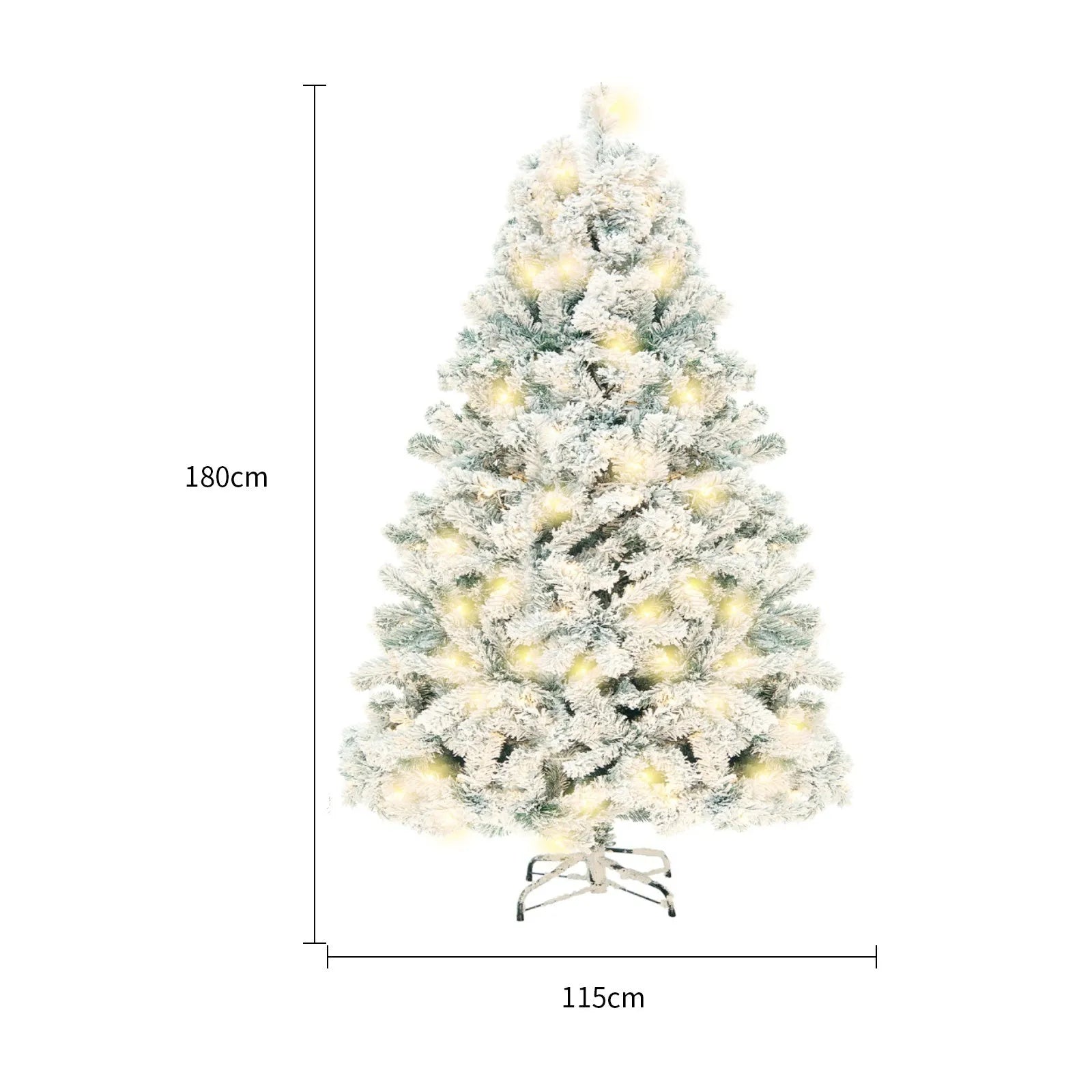 Green and white snow-dusted artificial Christmas tree on a metal stand, showing detailed PVC branches.