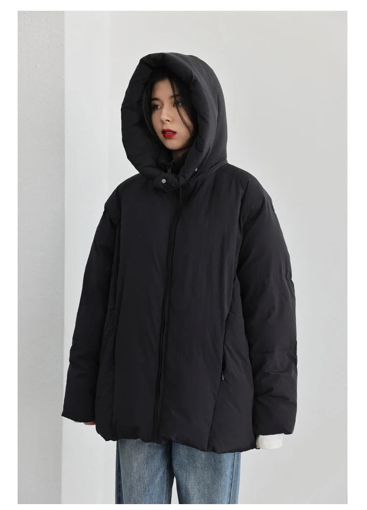 Stylish duck down jacket with detachable hood in black and khaki