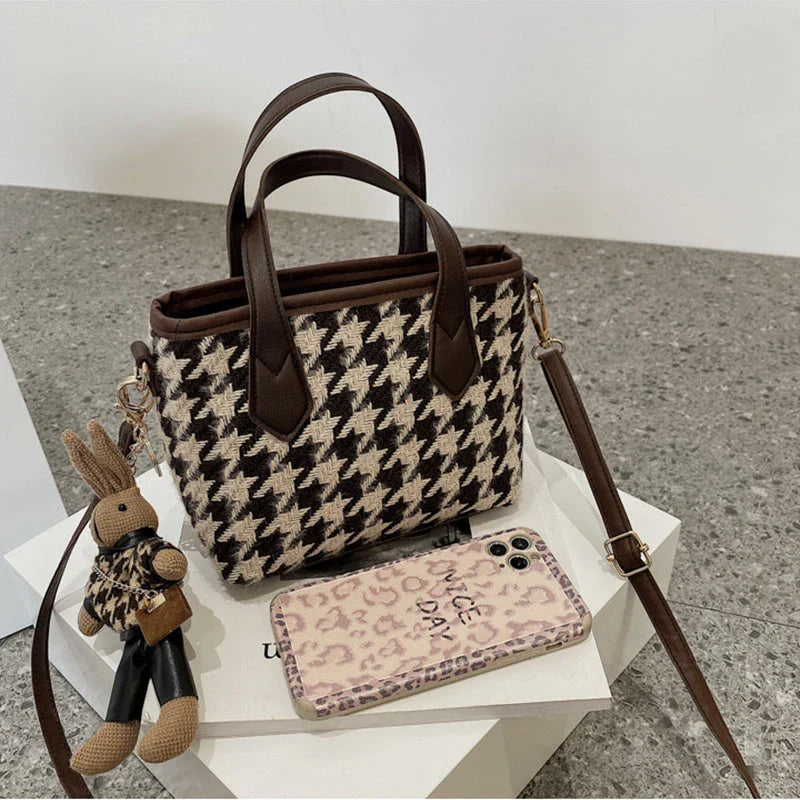 Premium houndstooth and plaid crossbody bags with stylish patterns, comfortable wool material, and versatile design