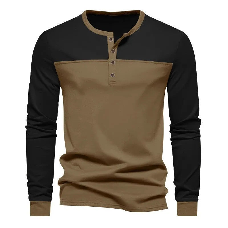Long-sleeve henley collar casual shirt in solid colour, shown in available sizes and colours.
