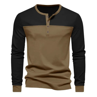 Long-sleeve henley collar casual shirt in solid colour, shown in available sizes and colours.