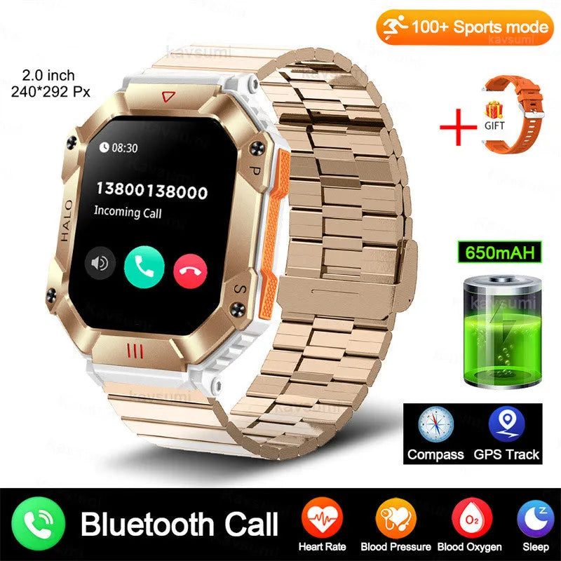 Android GPS smart watch for women with a titanium alloy case shown on a wrist, featuring a resin dial and a black camouflage strap.