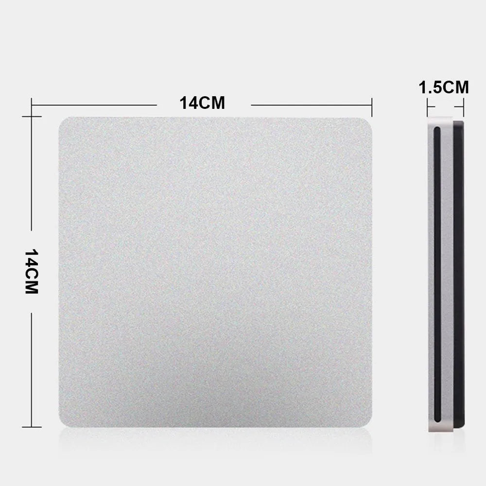 Ultra-thin silver Type-C external CD DVD burner with suction drive, 138 x 142 x 16 mm, for 12cm and 8cm discs
