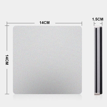 Ultra-thin silver Type-C external CD DVD burner with suction drive, 138 x 142 x 16 mm, for 12cm and 8cm discs