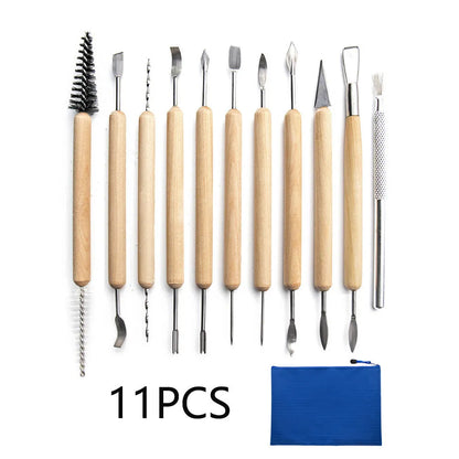 11-piece clay pottery tool set with wooden handles and stainless steel working ends