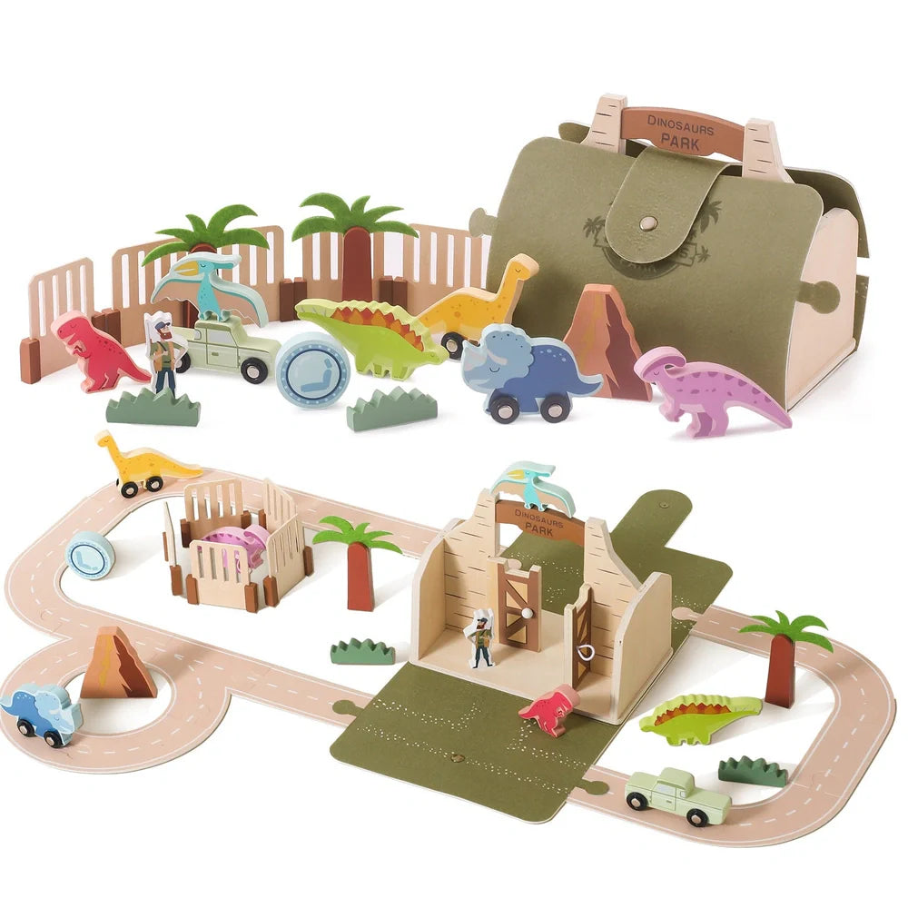 Wooden felt dinosaur track scene toy with 30 pieces including beech wood blocks and wool felt shapes