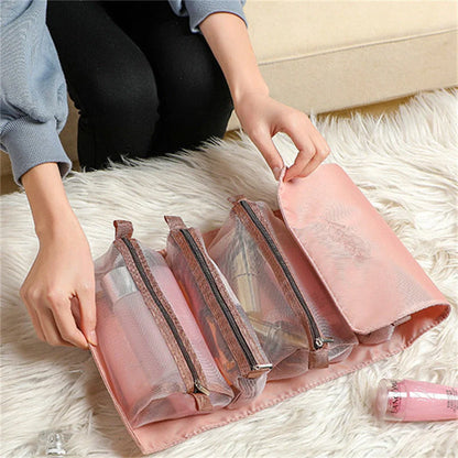 4-in-1 detachable cosmetic bag in green, pink, and black with waterproof oxford material
