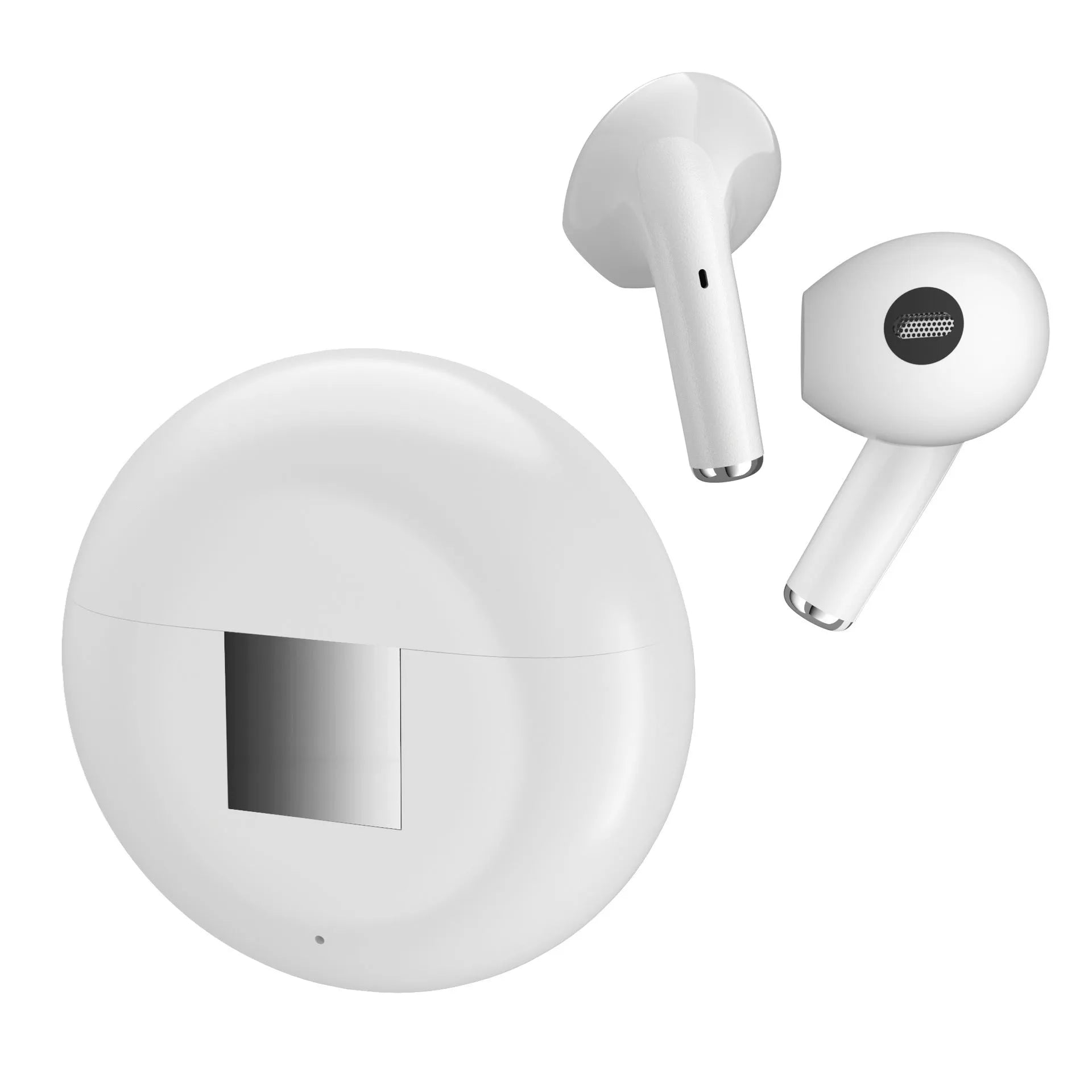 White Wireless Budz5 Bluetooth semi-in-ear headphones with charging compartment showing V5.1 technology