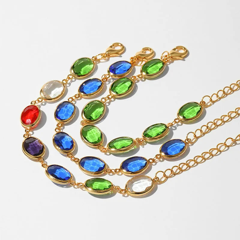 Geometric ellipse bracelet with glass inlay on 18K copper in blue, green, multicolor