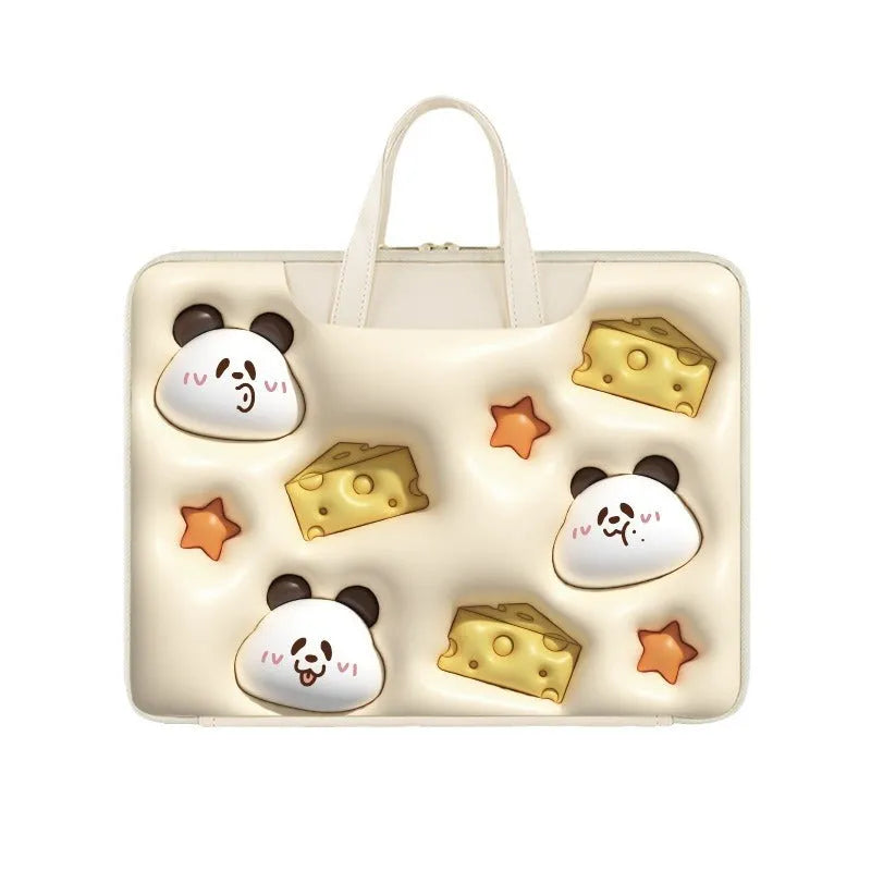 Inflatable laptop bag in PU leather with suitcase attachment strap and cute panda design print
