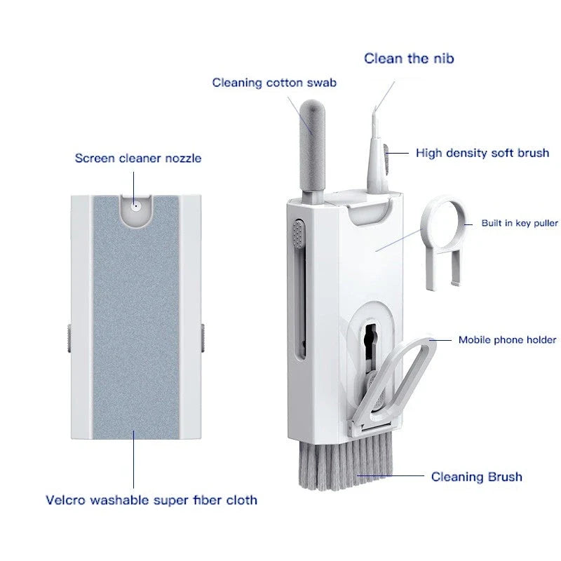 All-in-one smart screen cleaning kit with soft flocking sponge and high-density brush for effortlessly removing dust, smudges, and grime from electronic devices like phones, tablets, laptops, and more.