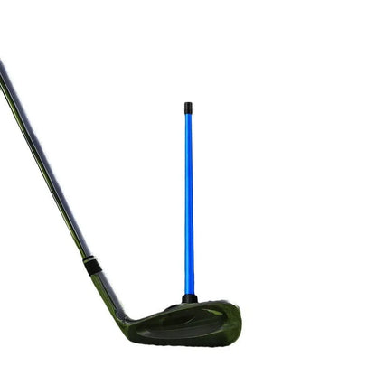 Red and blue aluminium alloy magnetic golf swing trainer bar attached to a golf club shaft.