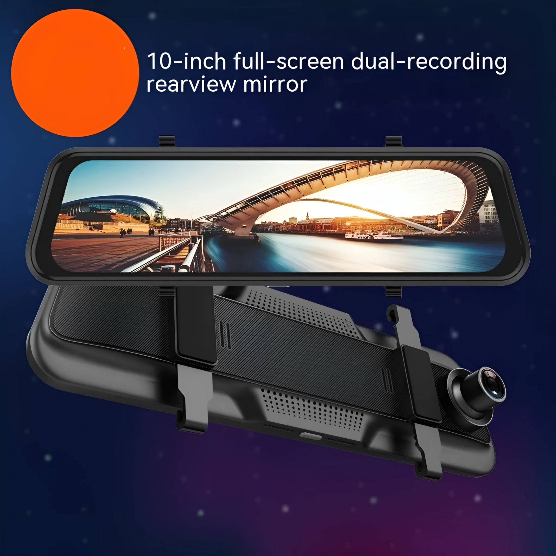 Black rearview mirror dash cam with 10-inch touch screen display for 1080P driving recording.