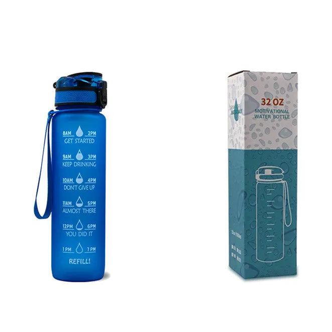 Blue and red gradient 1 litre Tritan sports water bottle with time markers and a flip-top lid.