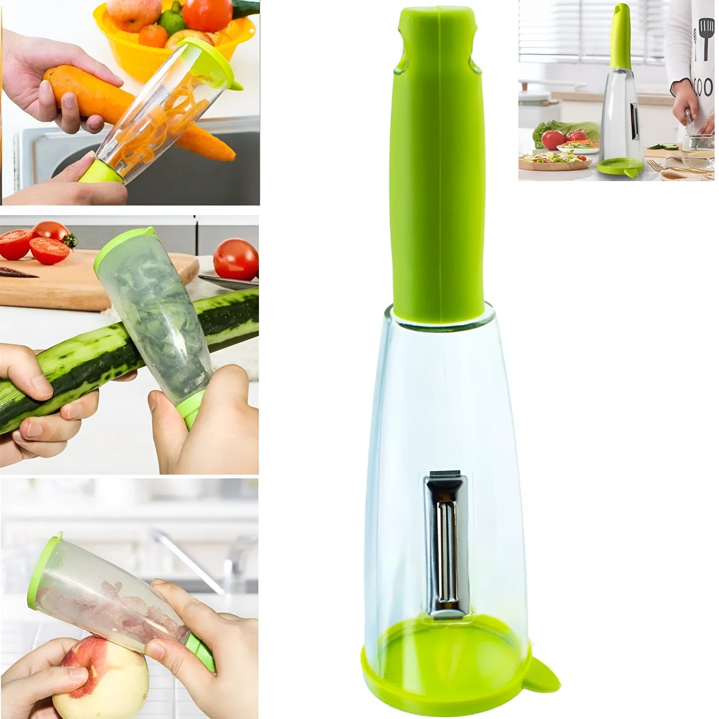 Green vegetable peeler with a transparent storage box attached, showing a stainless steel blade.