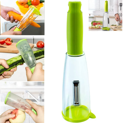 Green vegetable peeler with a transparent storage box attached, showing a stainless steel blade.