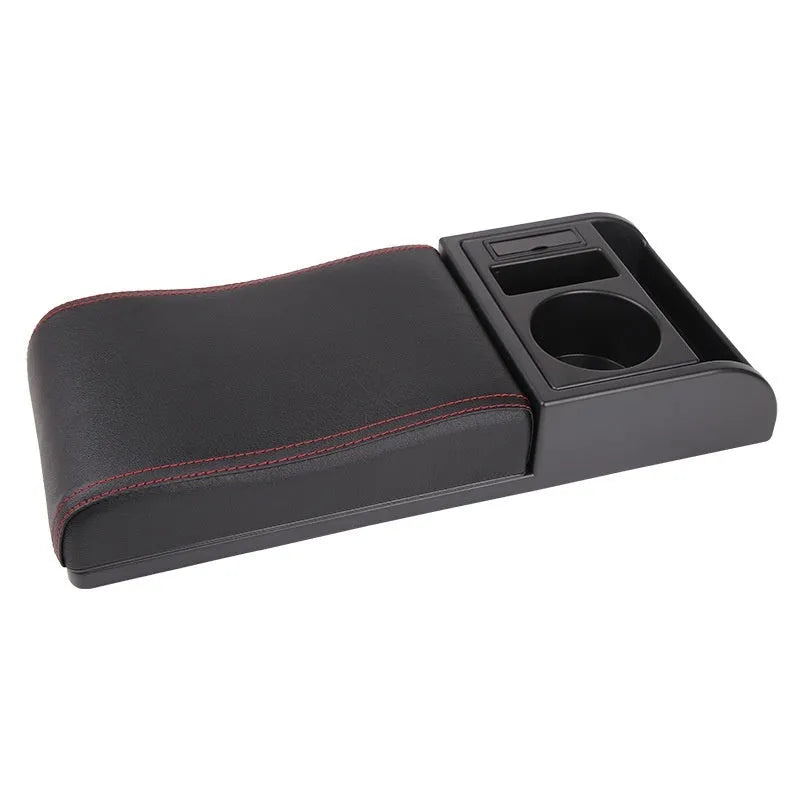 Universal plastic car armrest cover showing height increase with PU leather and carbon fibre surface options