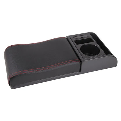 Universal plastic car armrest cover showing height increase with PU leather and carbon fibre surface options