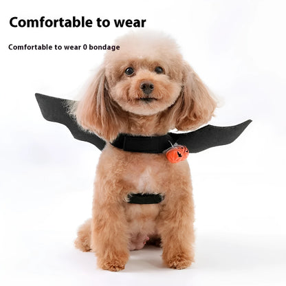 Black felt Halloween pet costume with bat wings and a bell for a dog on a orange background