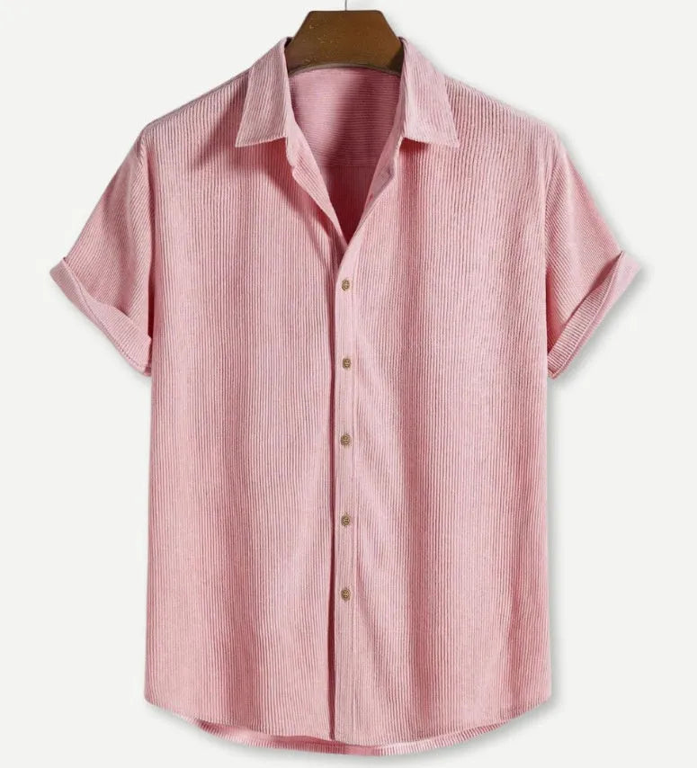 Men's casual short-sleeved cardigan shirt in polyester fabric showing colour options and relaxed fit