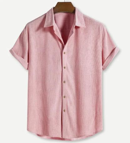 Men's casual short-sleeved cardigan shirt in polyester fabric showing colour options and relaxed fit
