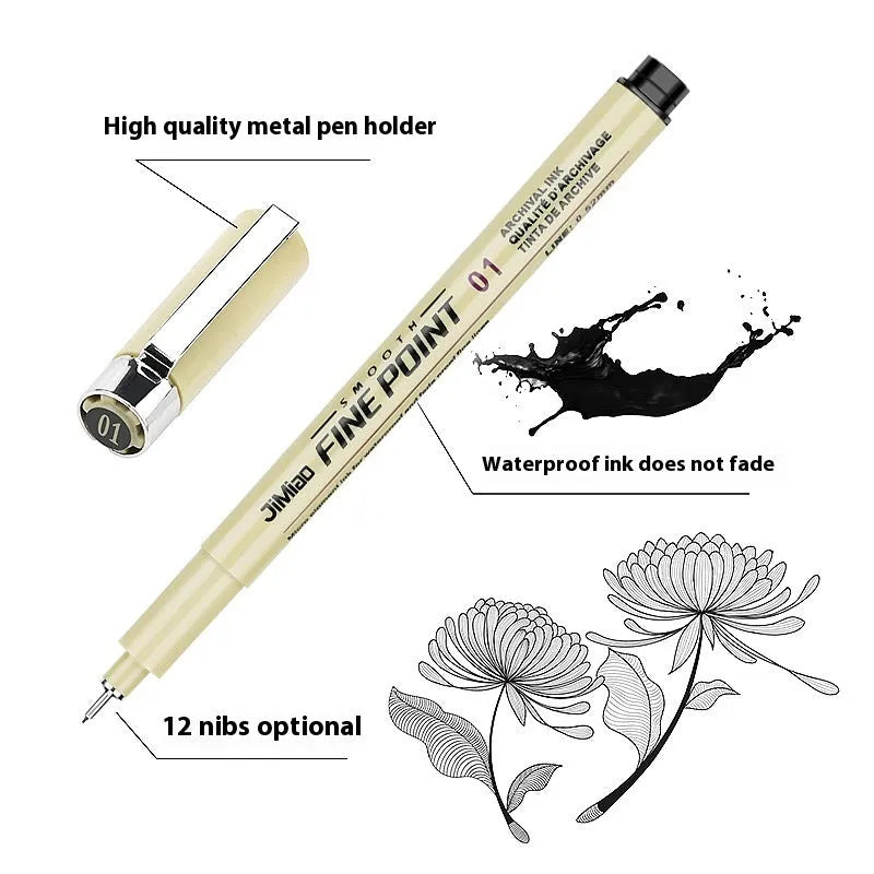 Waterproof black ink needle pen with cartoon syringe drawing on its 133mm plastic body.