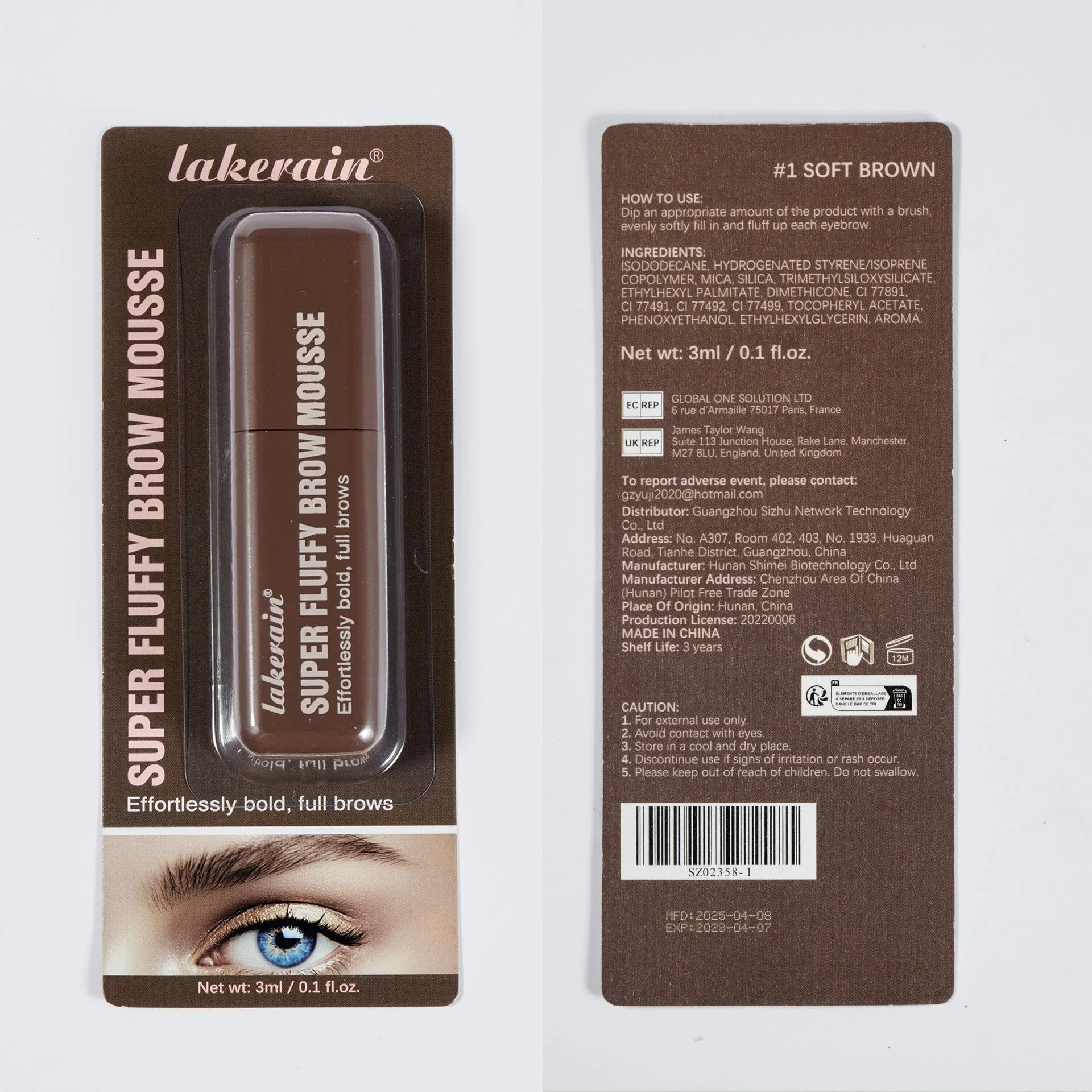 Eyebrow cream mousse in packaging with six shade options for long-lasting, three-dimensional brow definition.