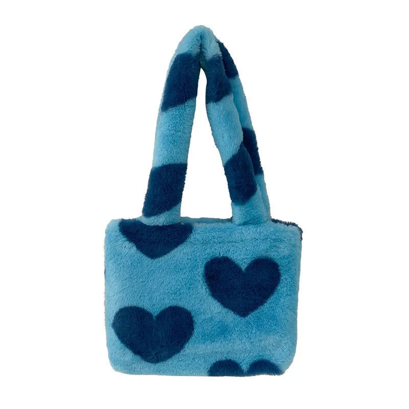 Fashion love heart womens furry fluffy bag in plush with contrast colour, underarm style, 24cm wide