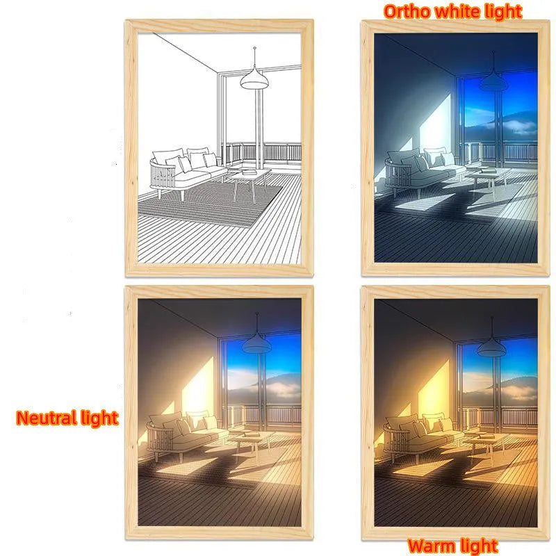 Illuminated acrylic LED decorative light painting showing a sunshine scene, with USB cable and button switch.