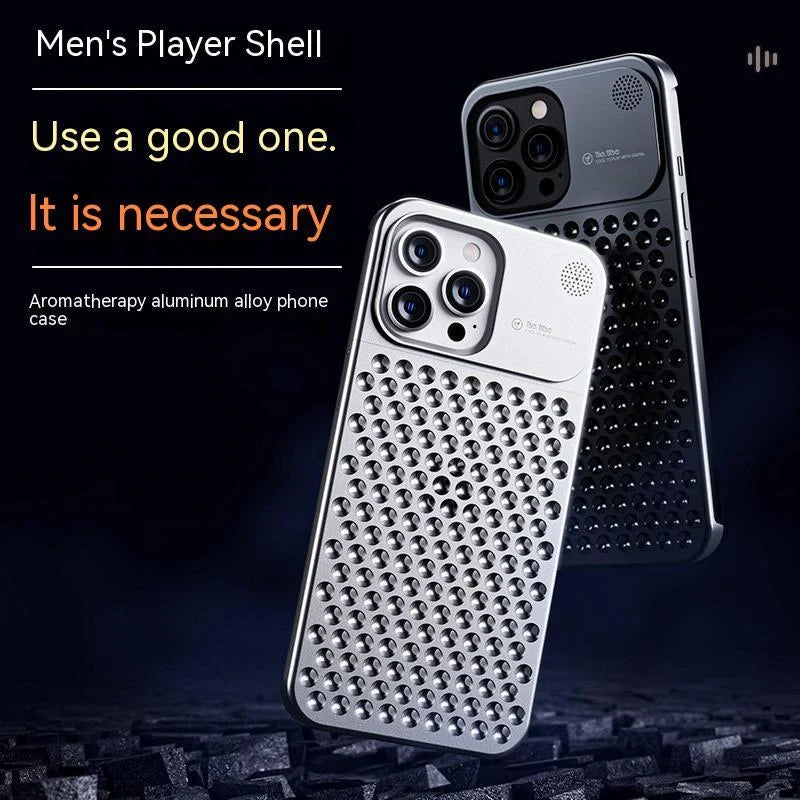 Aluminum alloy iPhone case with hollow design for heat dissipation and aromatherapy feature