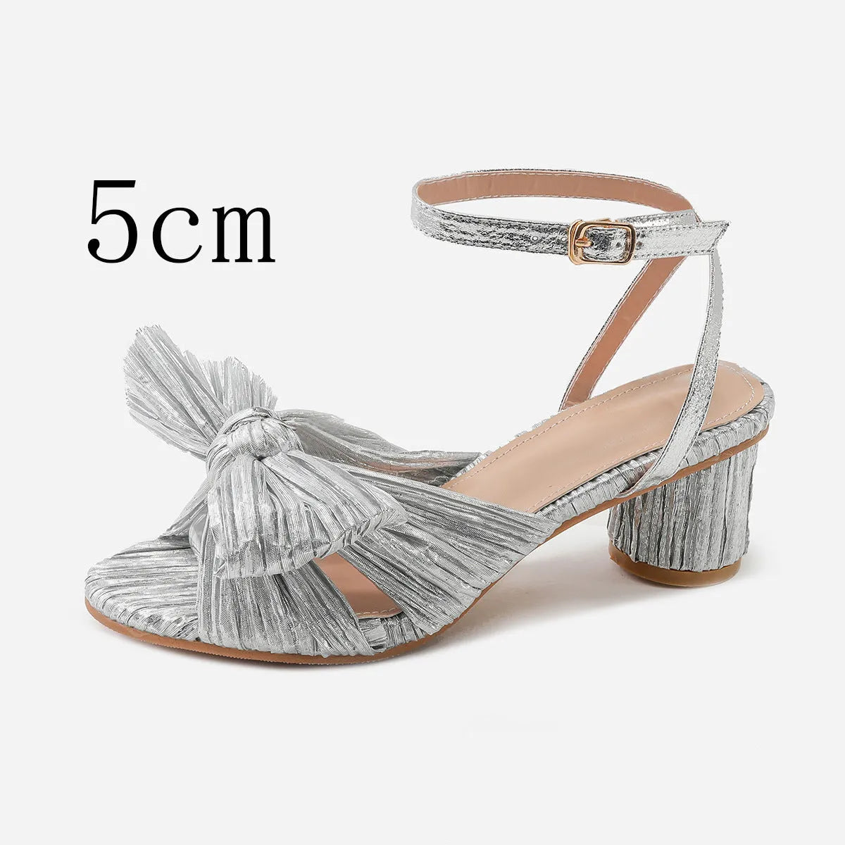 Satin bowknot fish mouth high heel sandals with thick heel and buckle fastening in black