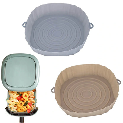 Silicone air fryer baking tray with 4.5cm depth in light grey, pink, brown or green