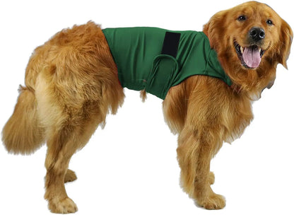 Dog wearing brown anxiety compression vest tank top for separation anxiety relief