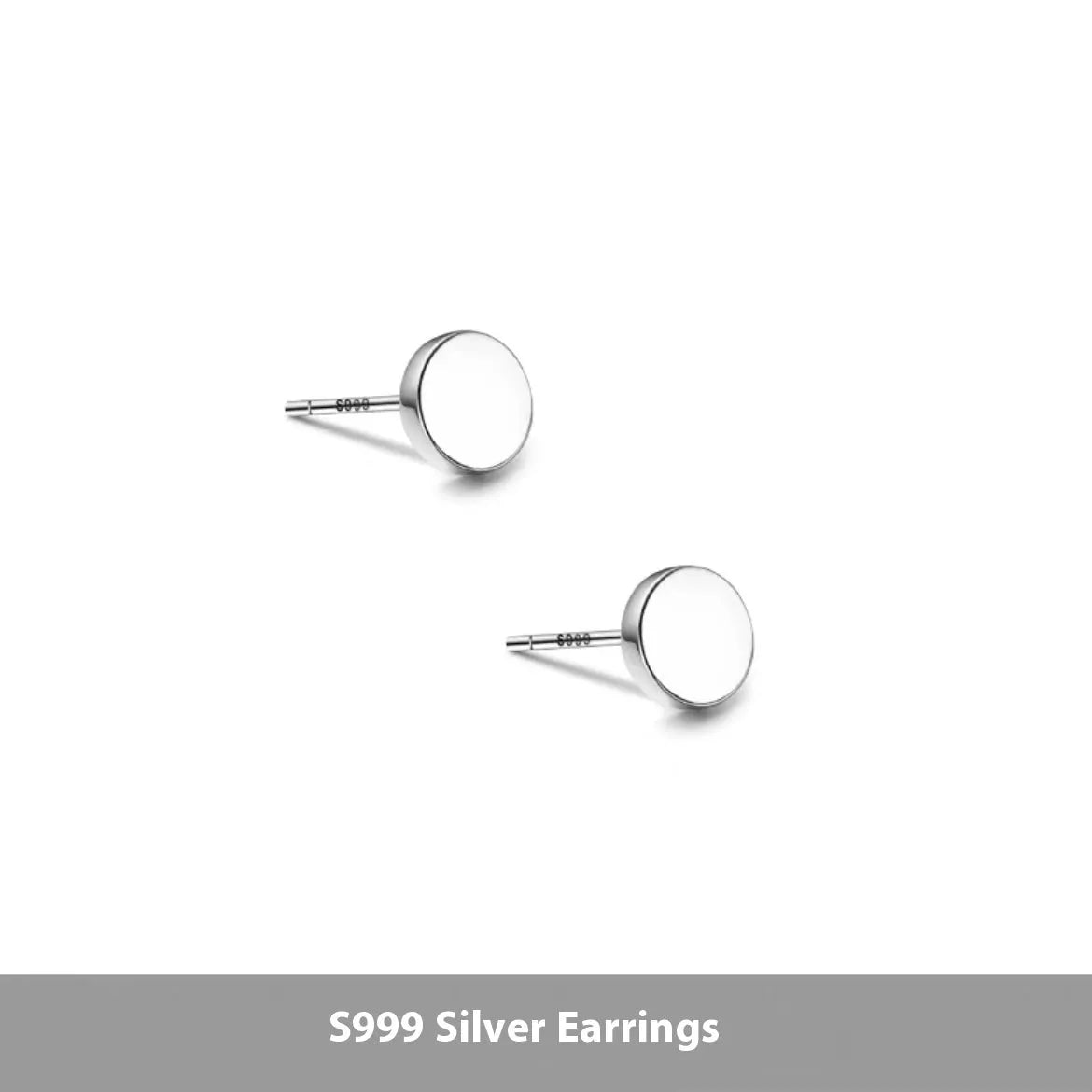 S999 sterling silver round flat bone stud earrings in silver or black, showing size range from 3mm to 8mm.