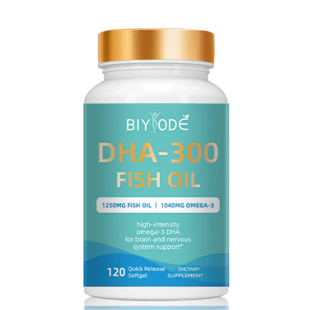 DHA-300 Omega-3 Fish Oil Softgel Capsules bottle containing 120 capsules for joint and immune support